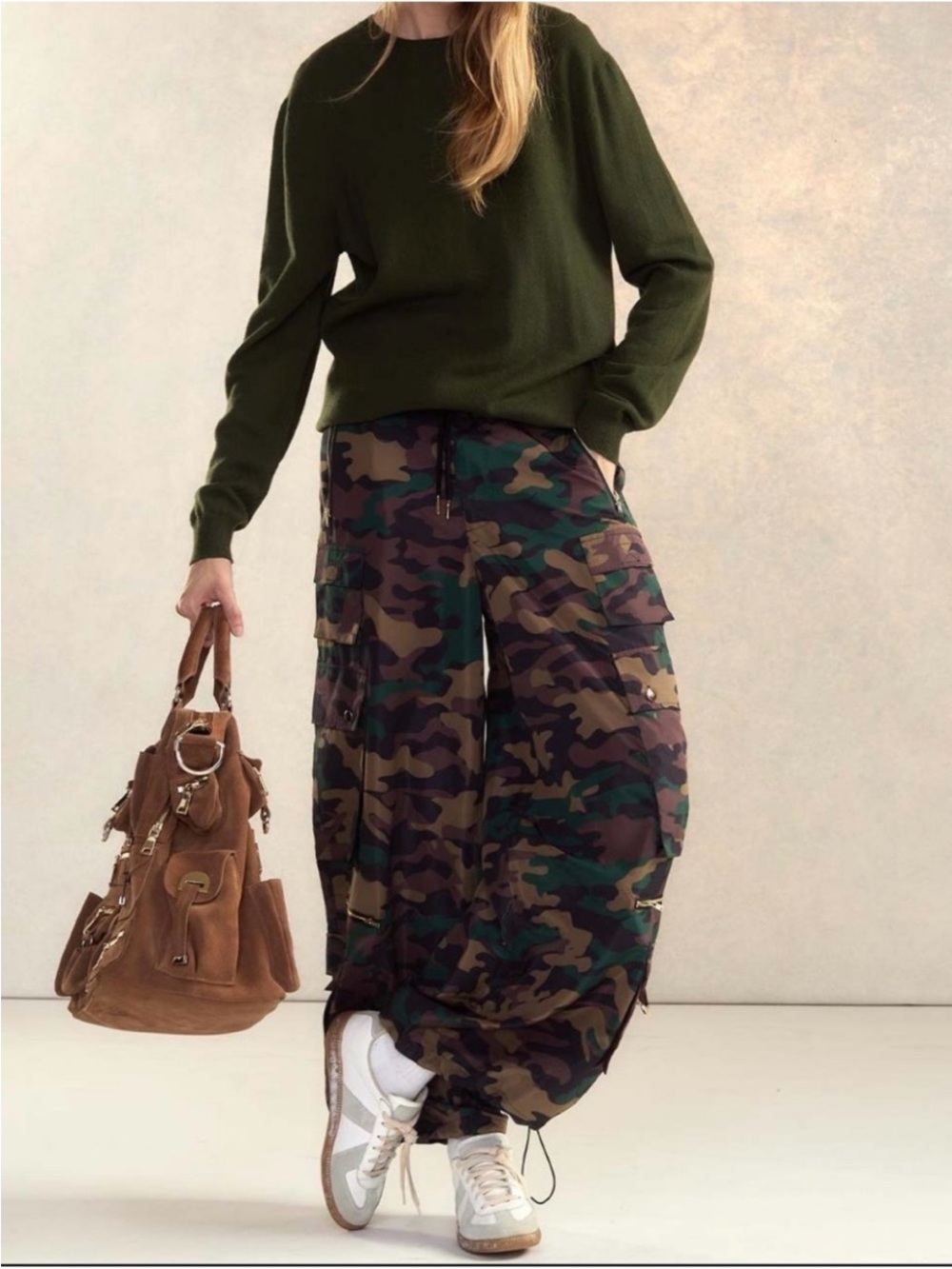 Cynthia Rowley Olive & Camouflage Wide-Leg Cargo Pants